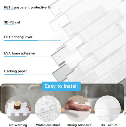 Art3d Peel and Stick Backsplash for Kitchen White Subway (10 Tiles, Thicker Design)