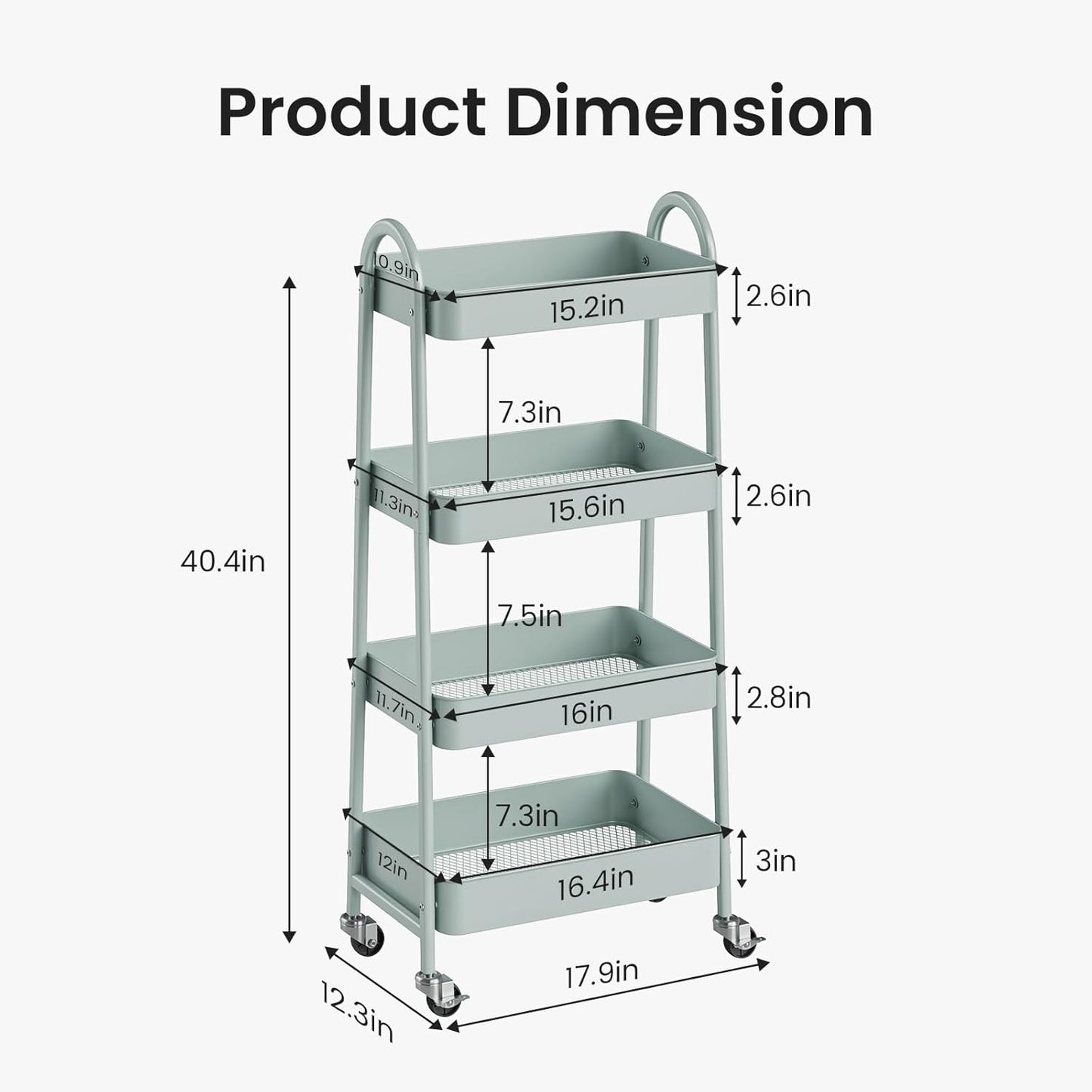 DUMOS 3 Tiers Rolling Cart, Utility Cart, Metal, White | Mobile Storage, Lockable Wheels, Utility Shelving Unit, Kitchen, Bathroom, Laundry, Narrow Places