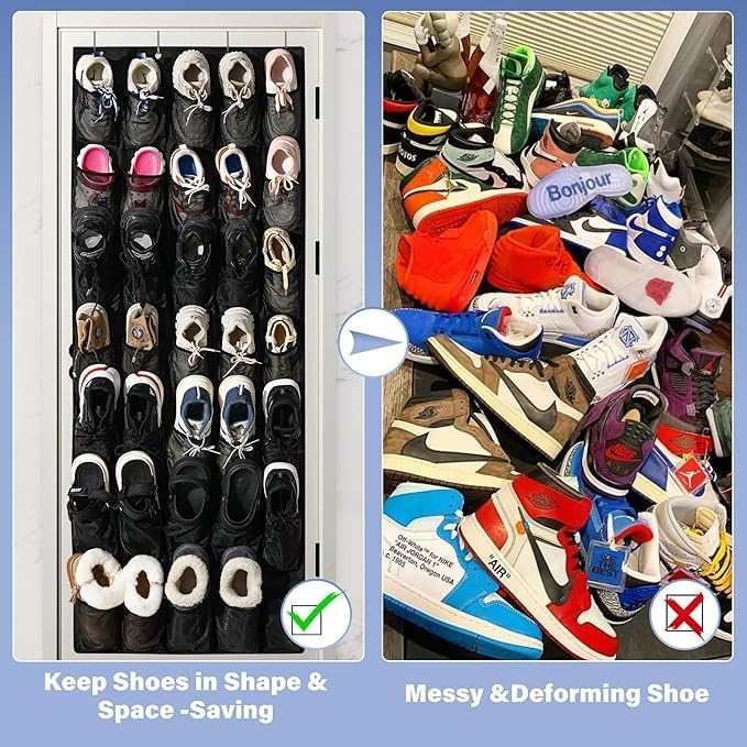 Over the Door Shoe Organizer,24 Mesh Pockets,Hanging Storage (White) | Large breathable mesh pockets for shoes, accessories,and small items,hanging storage holder for bedroom,closet,or entryway.