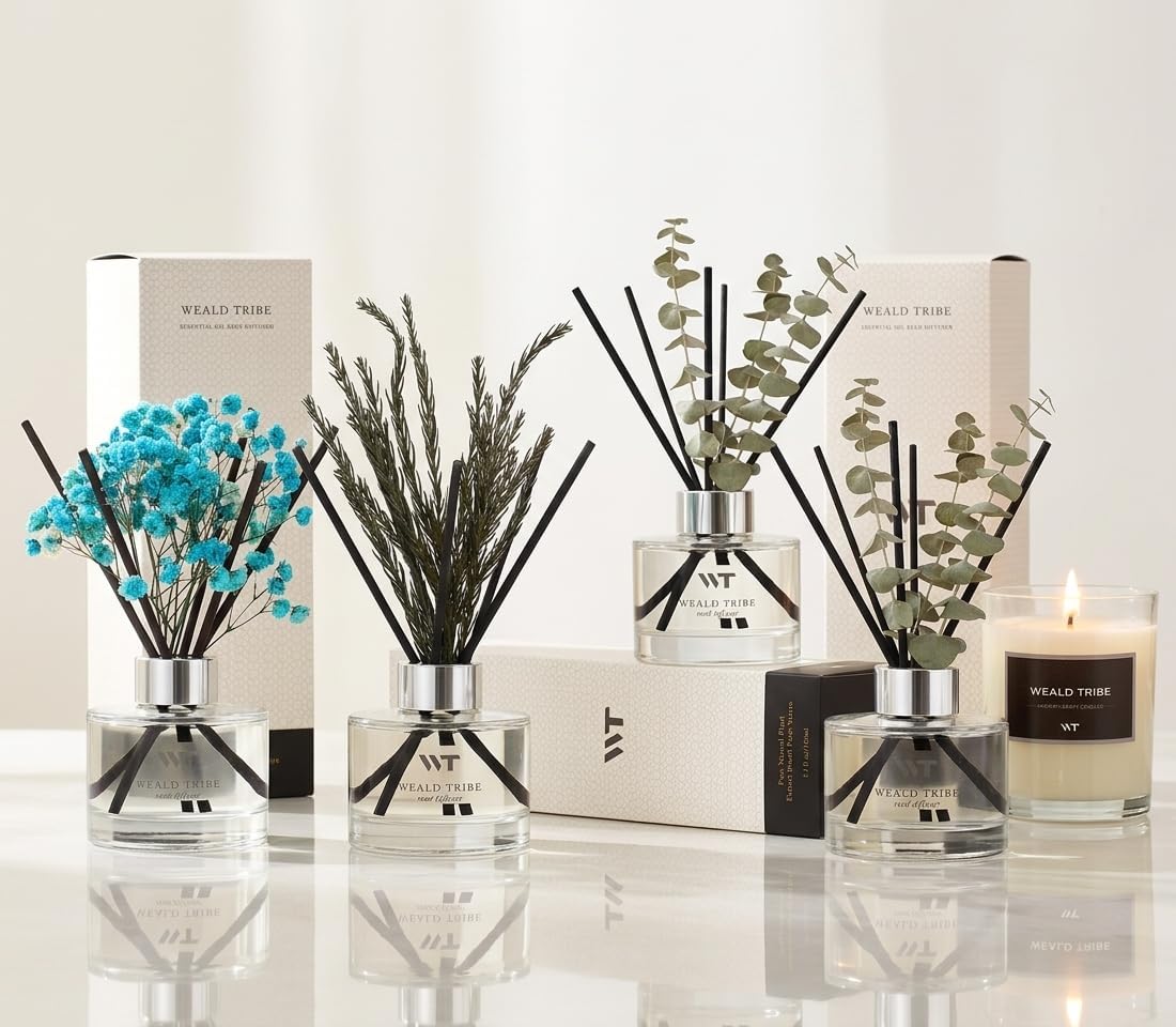 Flower Reed Diffuser Set Wild Eucalyptus Mint Scent for Bathroom Accessories Shelf Decor & Air Fresheners, Sticks Defusers with 5.1 fl oz Essential Oils & Leaves, House Bedroom Office Decor & Gifts