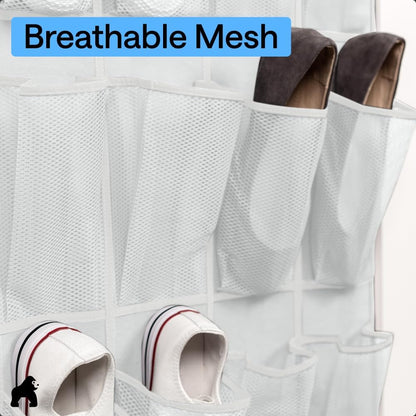 GORILLA GRIP Over the Door Shoe Organizer, 24 Large Breathable Mesh Pockets, Space Saving Hanging Storage Holder, Closet Rack Hanger Holds Up to 40 lbs, Hangs on Closets for Shoes, Accessories, Grey