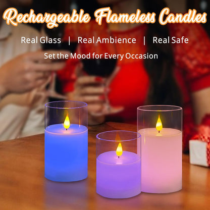 LEDHOLYT Rechargeable Flameless Glass Pillar Candles–Gifts for Women,–Set of 3, Realistic Flickering LED Light,Remote & Timer, Ideal for Living Room, Bedroom & Festival Wedding Home Party Decor