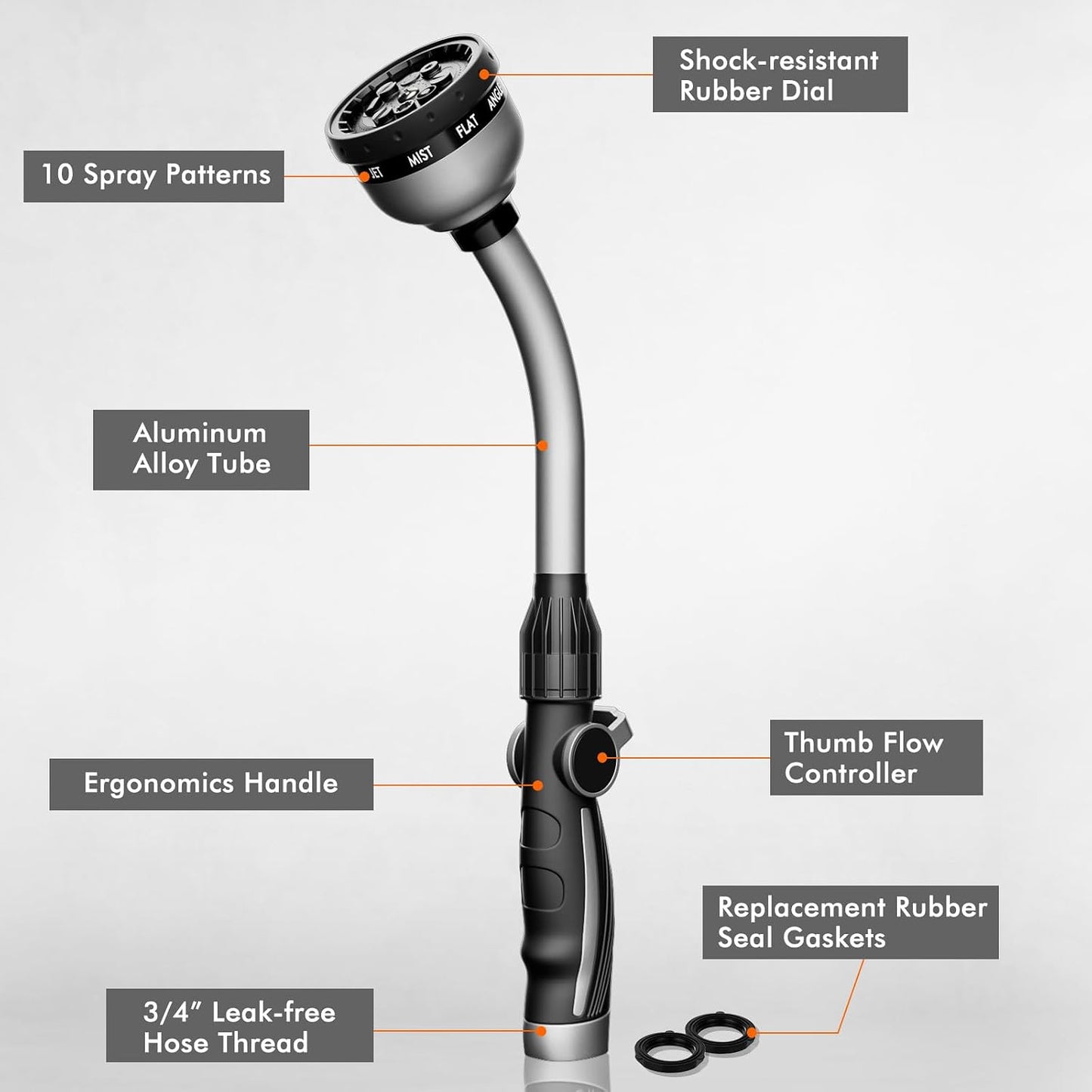 RESTMO Watering Wand Heavy Duty, Metal Garden Hose Wand with 10 Spray Patterns, 15-Inch Long Hose Nozzle Sprayer with Thumb Flow Control, Ideal to Water Hanging Baskets and Shrubs
