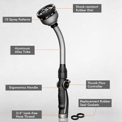 RESTMO Watering Wand Heavy Duty, Metal Garden Hose Wand with 10 Spray Patterns, 15-Inch Long Hose Nozzle Sprayer with Thumb Flow Control, Ideal to Water Hanging Baskets and Shrubs
