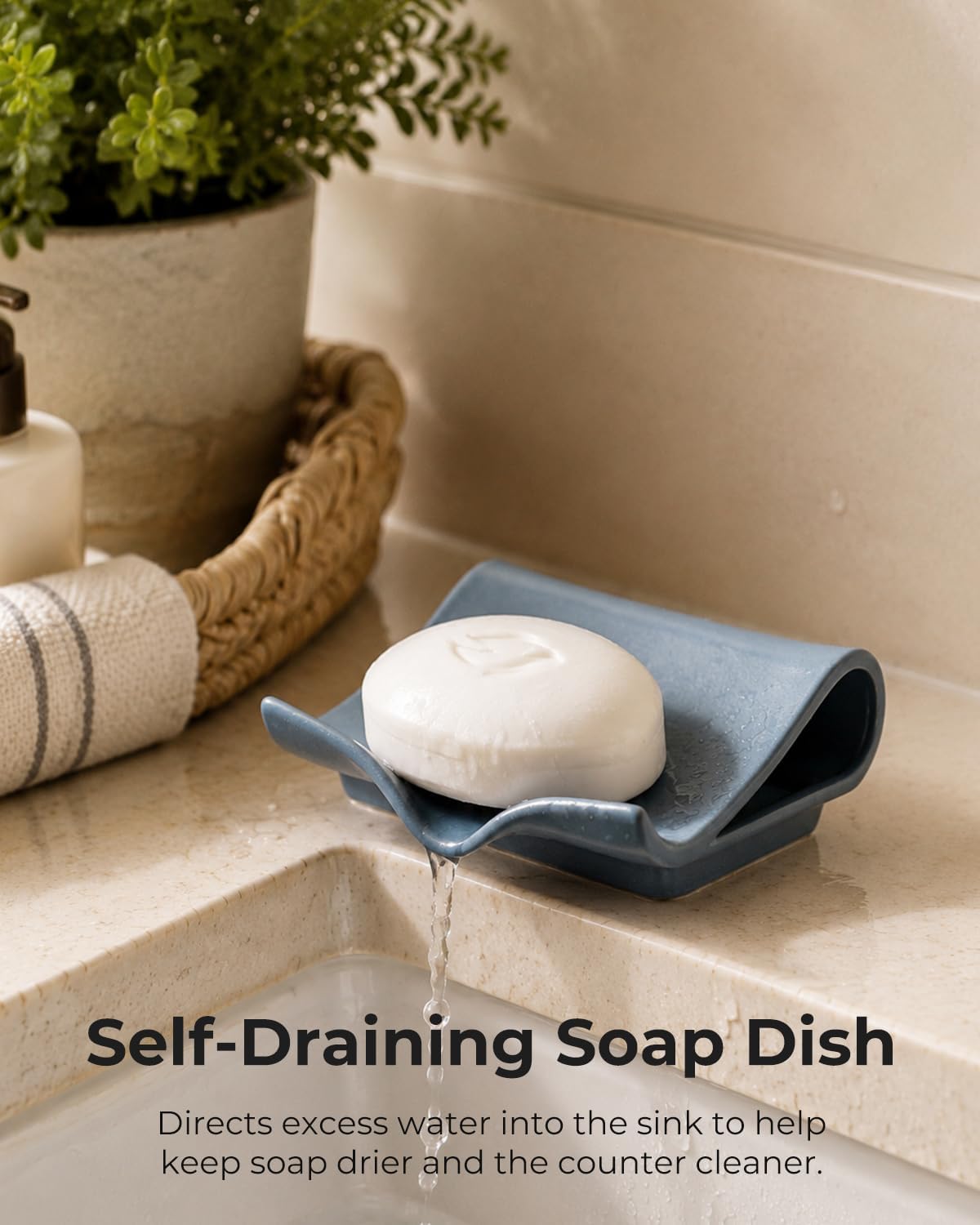 Zoeeker Self-Draining Soap Dish, Ceramic Soap Holder with Drain Spout Waterfall Drying Tray for Shower Bathroom Kitchen Sink Bathtub, Keep Soap Bars Dry, Blue