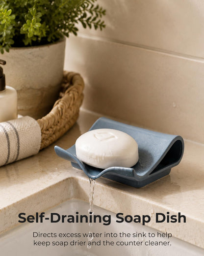 Zoeeker Self-Draining Soap Dish, Ceramic Soap Holder with Drain Spout Waterfall Drying Tray for Shower Bathroom Kitchen Sink Bathtub, Keep Soap Bars Dry, Blue