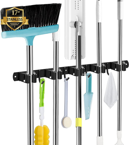 AceMining Broom Holder Wall Mount, 3 Racks 4 Hooks Heavy Duty Mop Organizer | Mop Holder Wall Mount and Broom Hanger for Garage, Laundry Room, Kitchen and Utility Storage
