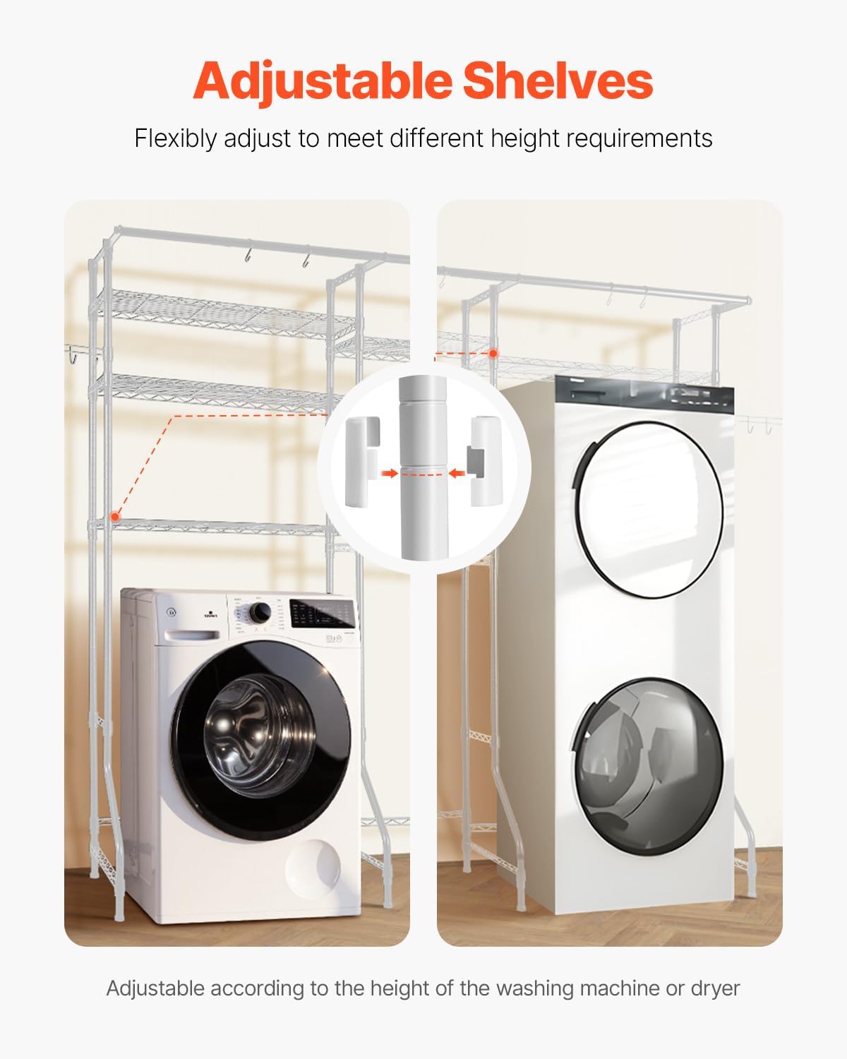 VEVOR Over Washer and Dryer Storage Shelves, 6 Tiers Laundry Room Drying Rack with Hanger Rod and Hooks, Two Rows Adjustable Washer Shelves Space Saver, for Laundry Room Storage & Organization, Black