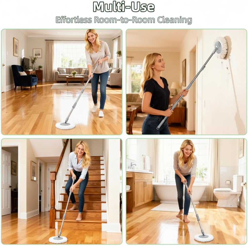 Compact Spin Mop for Apartments & Small Spaces, Clean & Dirty Water Separation Mop Bucket for Pet Owners & Daily Cleaning,360° Swivel Wheels, Safe for Hardwood & Tile, Adjustable Handle, 6 Mop Heads