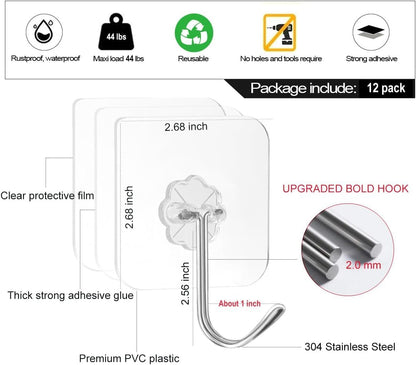 D Global Clear Adhesive Wall Hooks, Heavy Duty Self Adhesive, Waterproof & Removable, No Damage for Bathroom Kitchen Outdoor Use (12 Separable Large Hook)