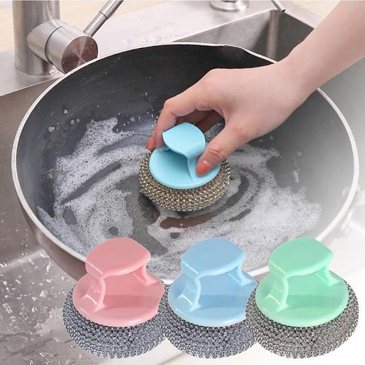 Stainless Steel Wool Scrubber with Handle Removable Cleaning Brush Heavy Duty Dish Scrubber for Cleaning Cast Iron, Dishes, Kitchen Pots, Pans, Grills, Stoves, Sink