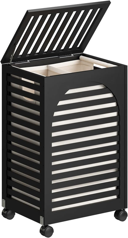 Black Laundry Hamper with Wheels, Laundry Basket with Lid, 22.5 Gallon (85L) Bamboo Wood Clothes Laundry Hamper 2 Section with Handles, Removable Liner