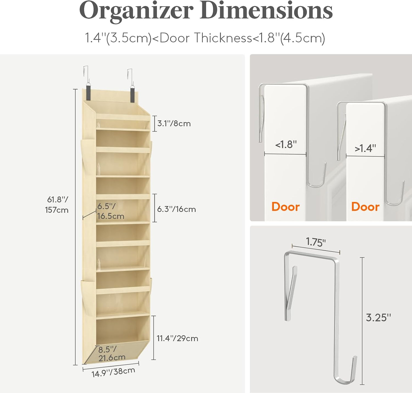 Lifewit 1 Pack Over the Door Organizer, 5 Section Clear Window Hanging Storage with 4 Side Pockets, Sturdy Anti Tilt 40 lbs Load Behind Door for Closet, Bedroom, Bathroom, Nursery, Dorm, Dark Gray