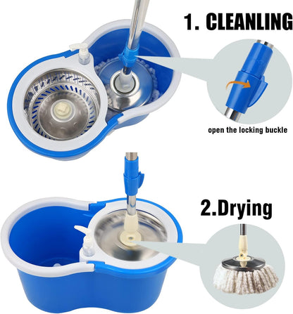 Spin Mop and Bucket with Wringer Set, 360° Spinning Mop Bucket System with 3 Microfiber Mop Replacement Heads and 50" Stainless Steel Adjustable Handle for Floor Cleaning