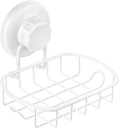 HASKO Suction Cup Soap Dish for Shower Wall, Rustproof Stainless Steel Shower Soap Holder for Bathroom with Hooks and Soap Saver, Includes Optional No Drill Adhesive Mount, Silver