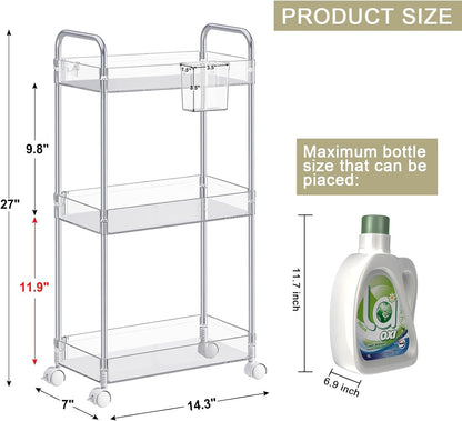 SPACEKEEPER 3 Tier Acrylic Storage Rolling Cart Clear Bathroom Cart Organizer, Transparency Laundry Room Organization Mobile Shelving Unit Multifunction Rolling Utility Cart for Office Living Room