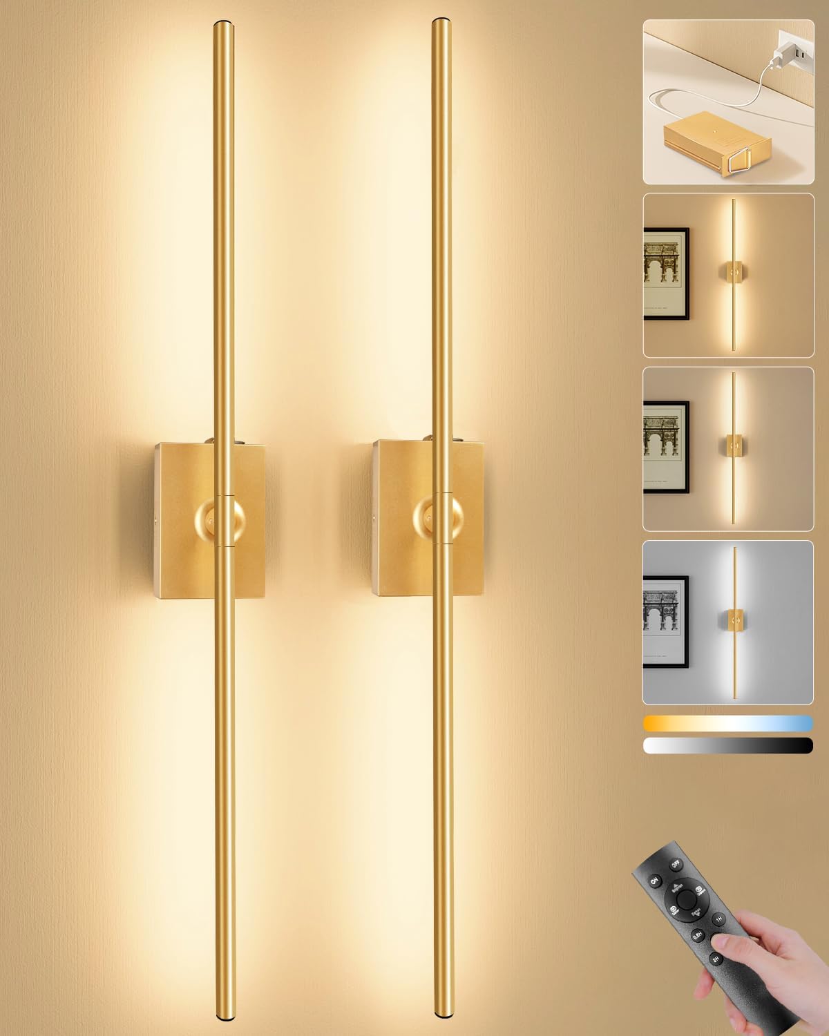 Ouyulong Battery Operated Wall Sconces Set of 2, 10000mAh Wireless Rechargeable 3000-6000K Dimmable 350° Rotate Wall Light with Remote for Living Room, Bedroom 31.6in Black