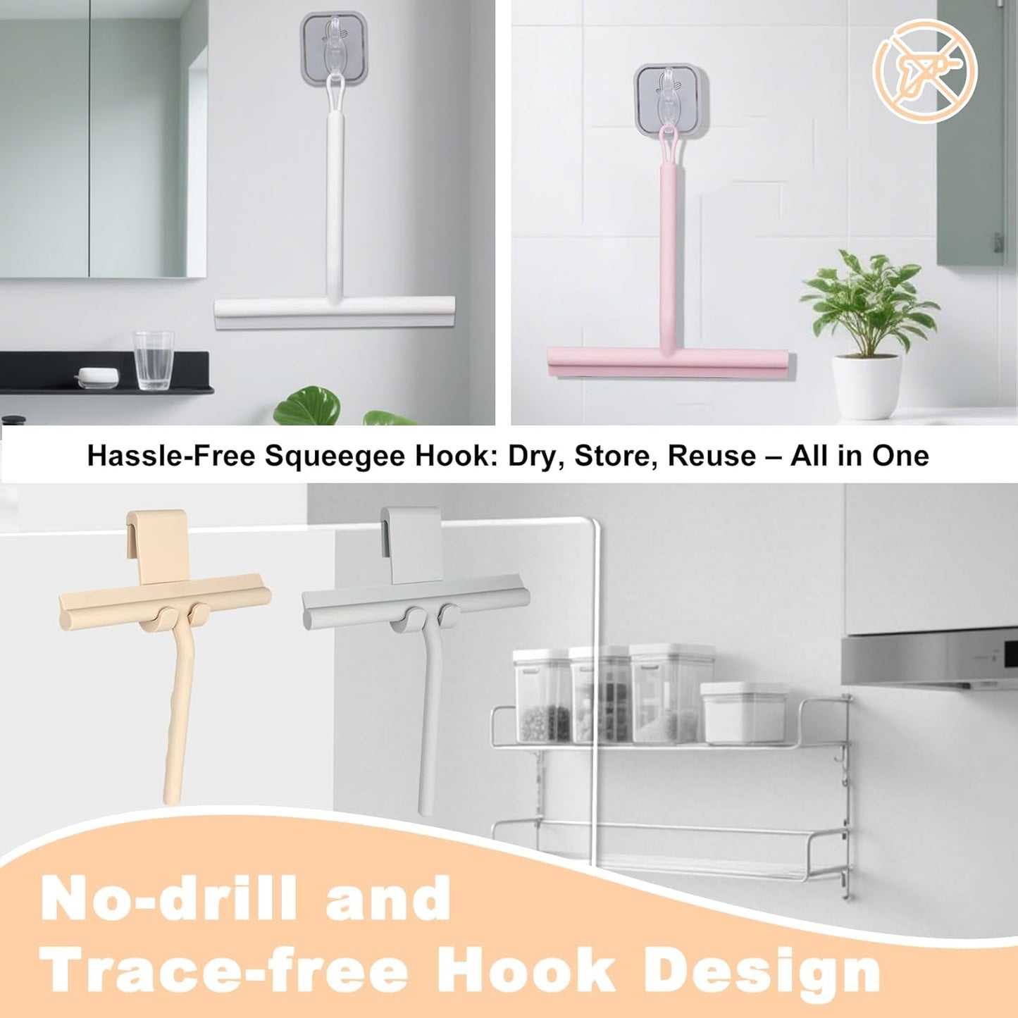 Squeegee for Shower Glass Doors, Resilient Loop - No-Drill & Adhesive Hook, Silicone Shower Squeegee with Stainless Steel Core, Cleaning Tool for Home, Kitchen, Bathroom & Car - Black