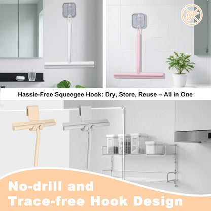 Squeegee for Shower Glass Doors, Resilient Loop - No-Drill & Adhesive Hook, Silicone Shower Squeegee with Stainless Steel Core, Cleaning Tool for Home, Kitchen, Bathroom & Car - Black