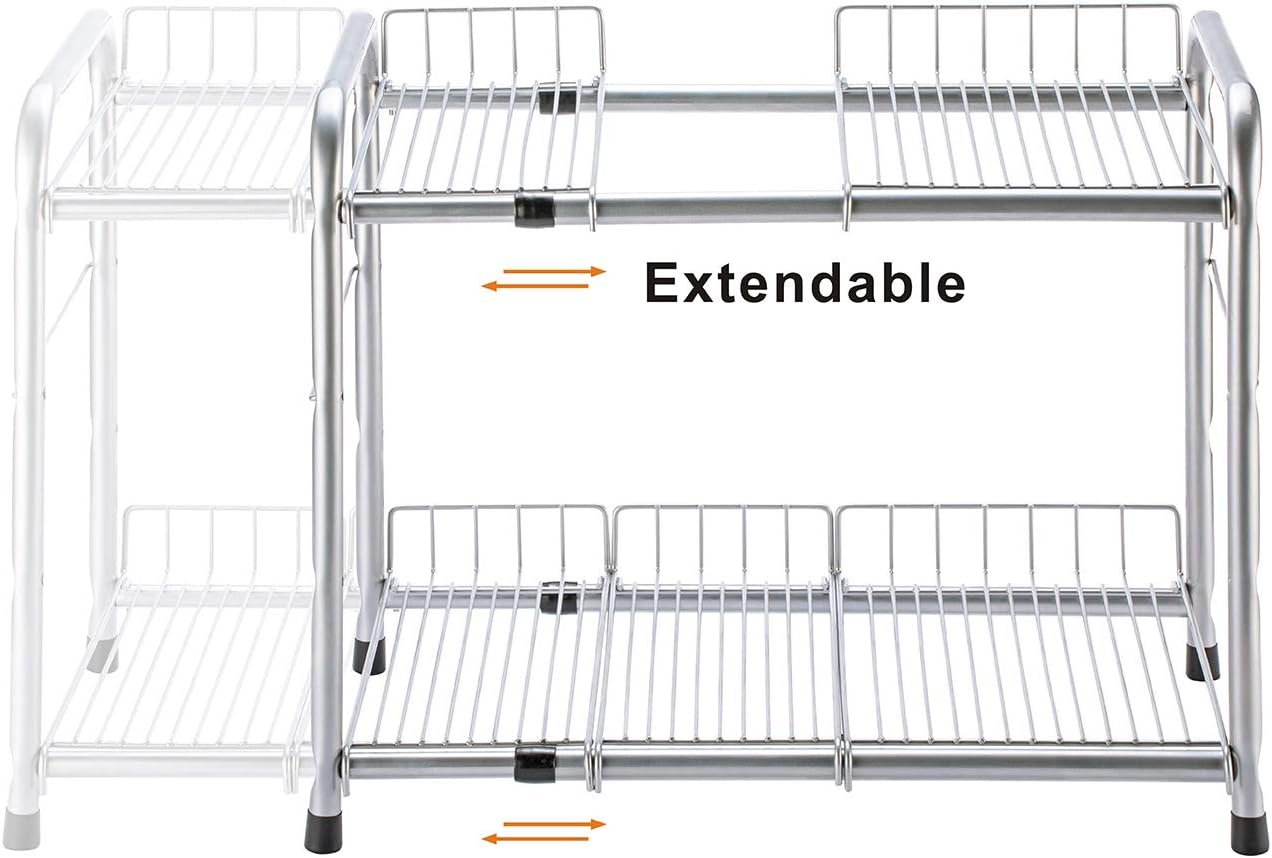 FlagShip 2 Tier Under Sink Organizers and Storage Rack Expandable Cabinet Shelf for Kitchen Bathroom Silver (17-25 inches)