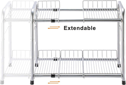 FlagShip 2 Tier Under Sink Organizers and Storage Rack Expandable Cabinet Shelf for Kitchen Bathroom Silver (17-25 inches)