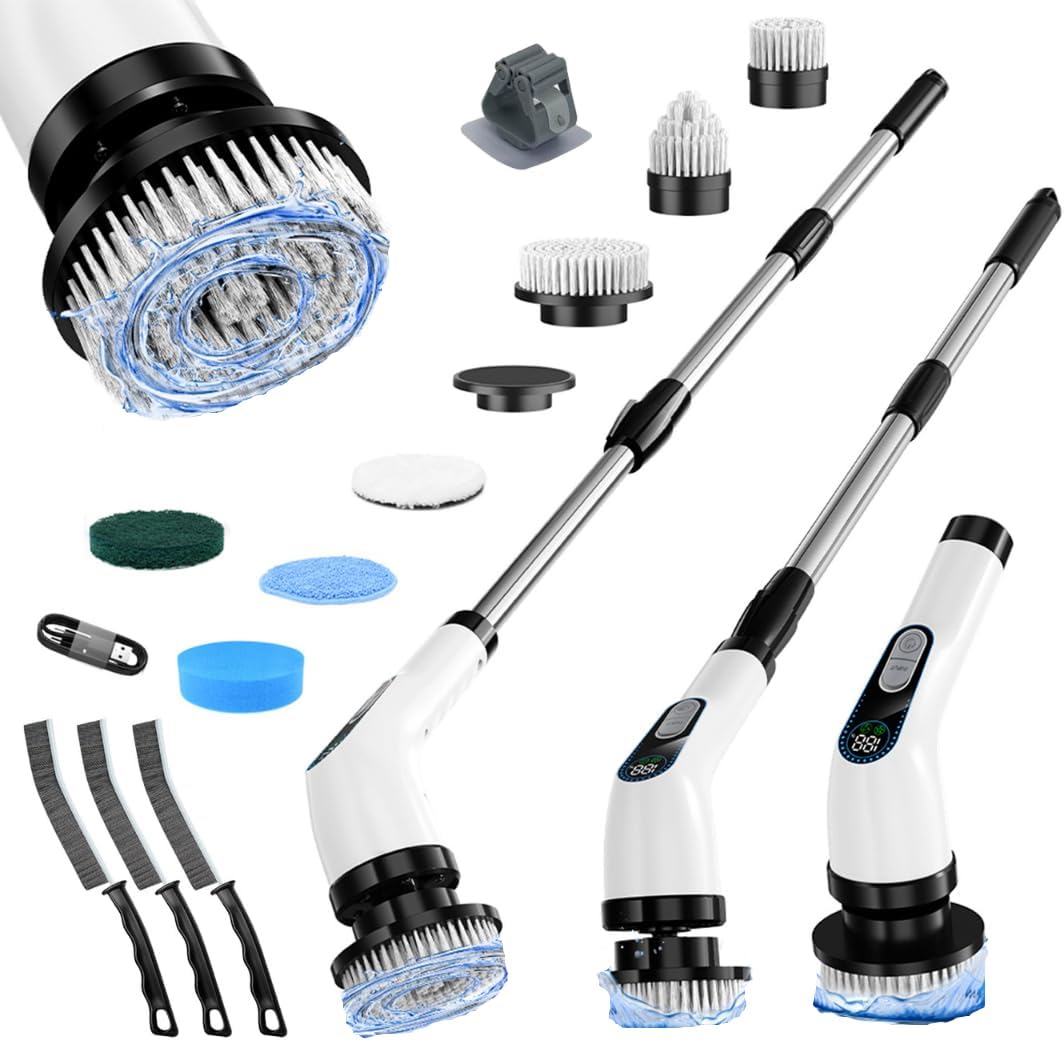 Electric Spin Scrubber Cordless – Powerful Bathroom Cleaning Brush with Long Handle, 2 Speeds, 3000mAh Rechargeable, 7 Brush Heads, Wall Hanger & Crevice Tools – Shower, Tub & Tile Cleaner