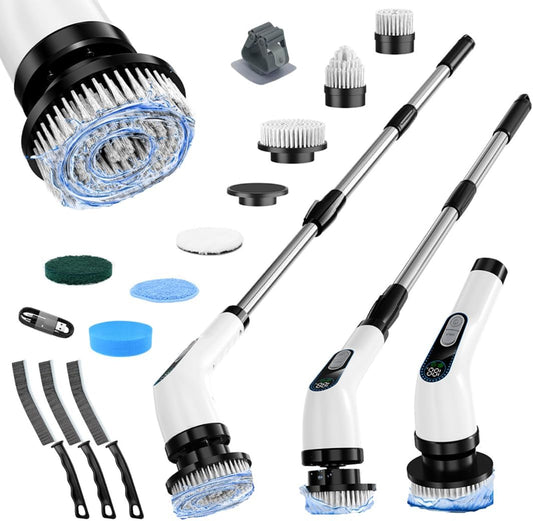 Electric Spin Scrubber Cordless – Powerful Bathroom Cleaning Brush with Long Handle, 2 Speeds, 3000mAh Rechargeable, 7 Brush Heads, Wall Hanger & Crevice Tools – Shower, Tub & Tile Cleaner