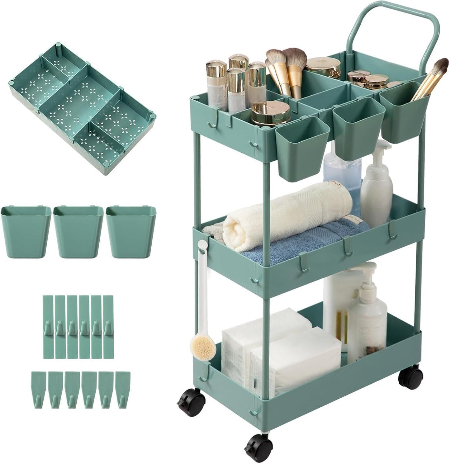 danpinera Storage Cart on Wheels, 3 Tier Slim Laundry with Wheels Bathroom Organizer with Hanging Cups Hooks Dividers Handle Mobile Rolling Art Cart for Bathroom Kitchen Narrow Places, White
