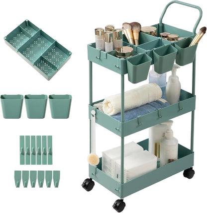 danpinera Storage Cart on Wheels, 3 Tier Slim Laundry with Wheels Bathroom Organizer with Hanging Cups Hooks Dividers Handle Mobile Rolling Art Cart for Bathroom Kitchen Narrow Places, White