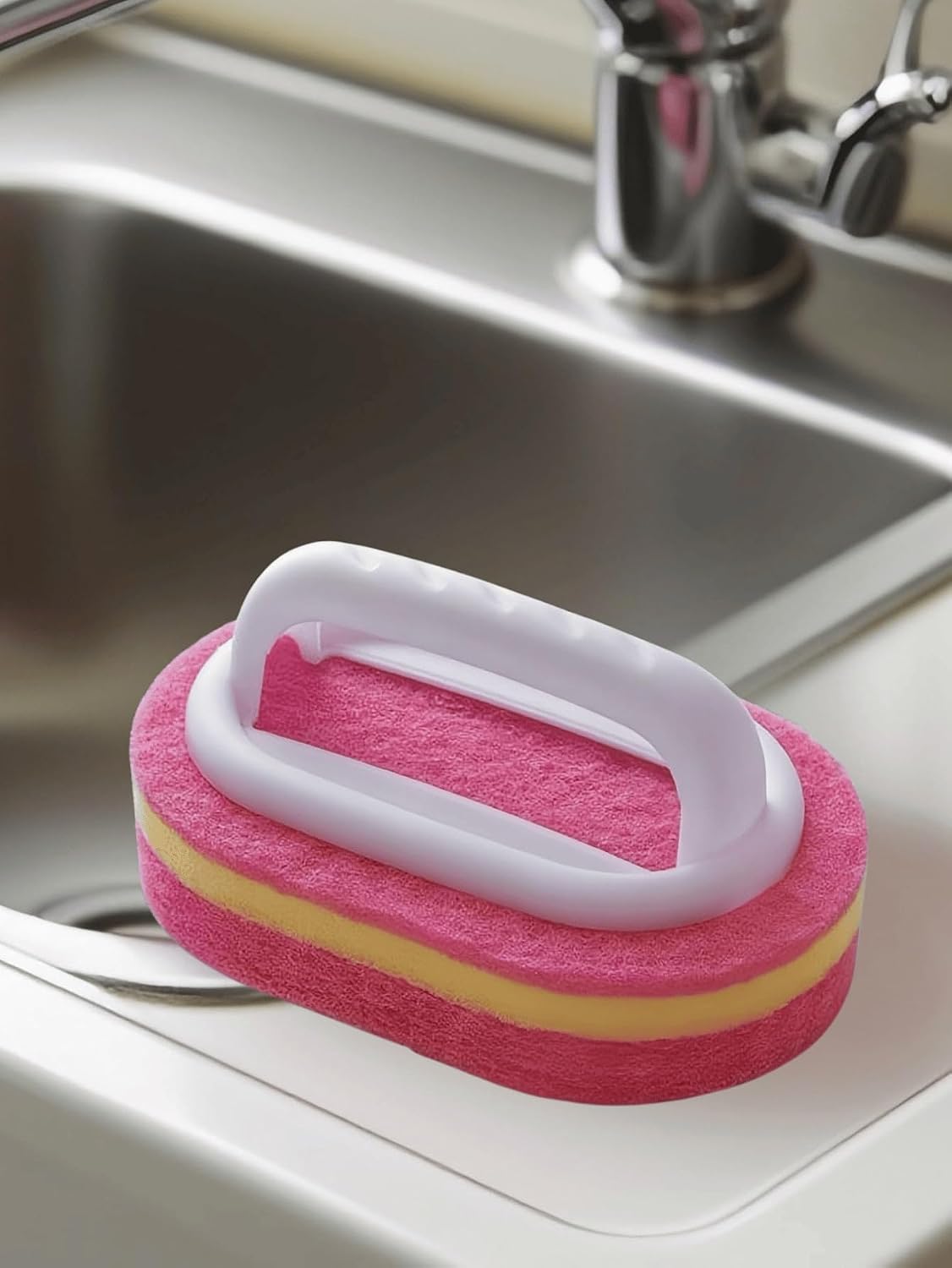 Ergonomic Long Handle Sponge Brush Set Durable Scouring 3 Pack Pad Shower Scrubber for Bathroom Bathtub Tile Grout Kitchen Sink Pot Cleaning Tool Non Scratch Heavy Duty Wand (Hot Pink)