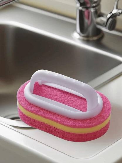 Ergonomic Long Handle Sponge Brush Set Durable Scouring 3 Pack Pad Shower Scrubber for Bathroom Bathtub Tile Grout Kitchen Sink Pot Cleaning Tool Non Scratch Heavy Duty Wand (Hot Pink)