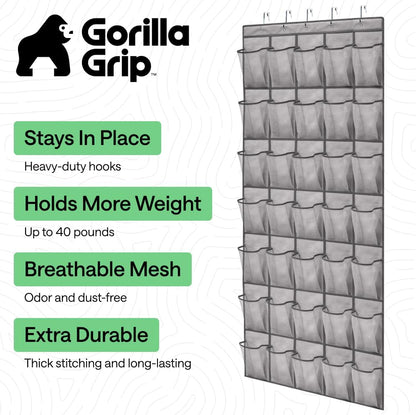 GORILLA GRIP Over the Door Shoe Organizer, 24 Large Breathable Mesh Pockets, Space Saving Hanging Storage Holder, Closet Rack Hanger Holds Up to 40 lbs, Hangs on Closets for Shoes, Accessories, Grey