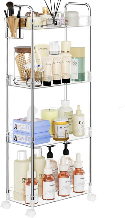 SPACEKEEPER 3 Tier Acrylic Storage Rolling Cart Clear Bathroom Cart Organizer, Transparency Laundry Room Organization Mobile Shelving Unit Multifunction Rolling Utility Cart for Office Living Room