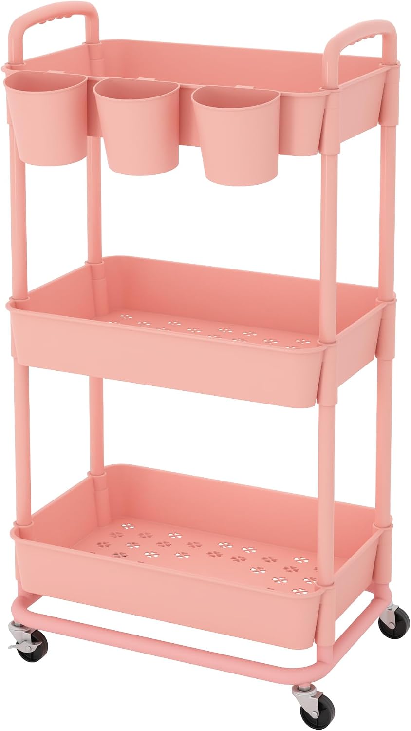 JIUYOTREE 4-Tier Plastic Rolling Storage Cart Utility Cart with Extra Hanging Cups Handles Lockable Wheels for Living Room Bathroom Kitchen Office White