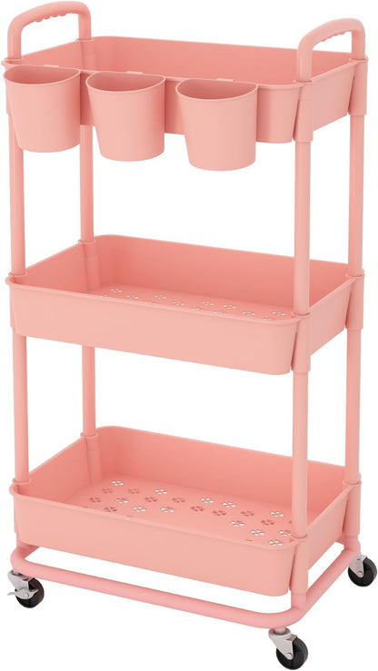 JIUYOTREE 4-Tier Plastic Rolling Storage Cart Utility Cart with Extra Hanging Cups Handles Lockable Wheels for Living Room Bathroom Kitchen Office White