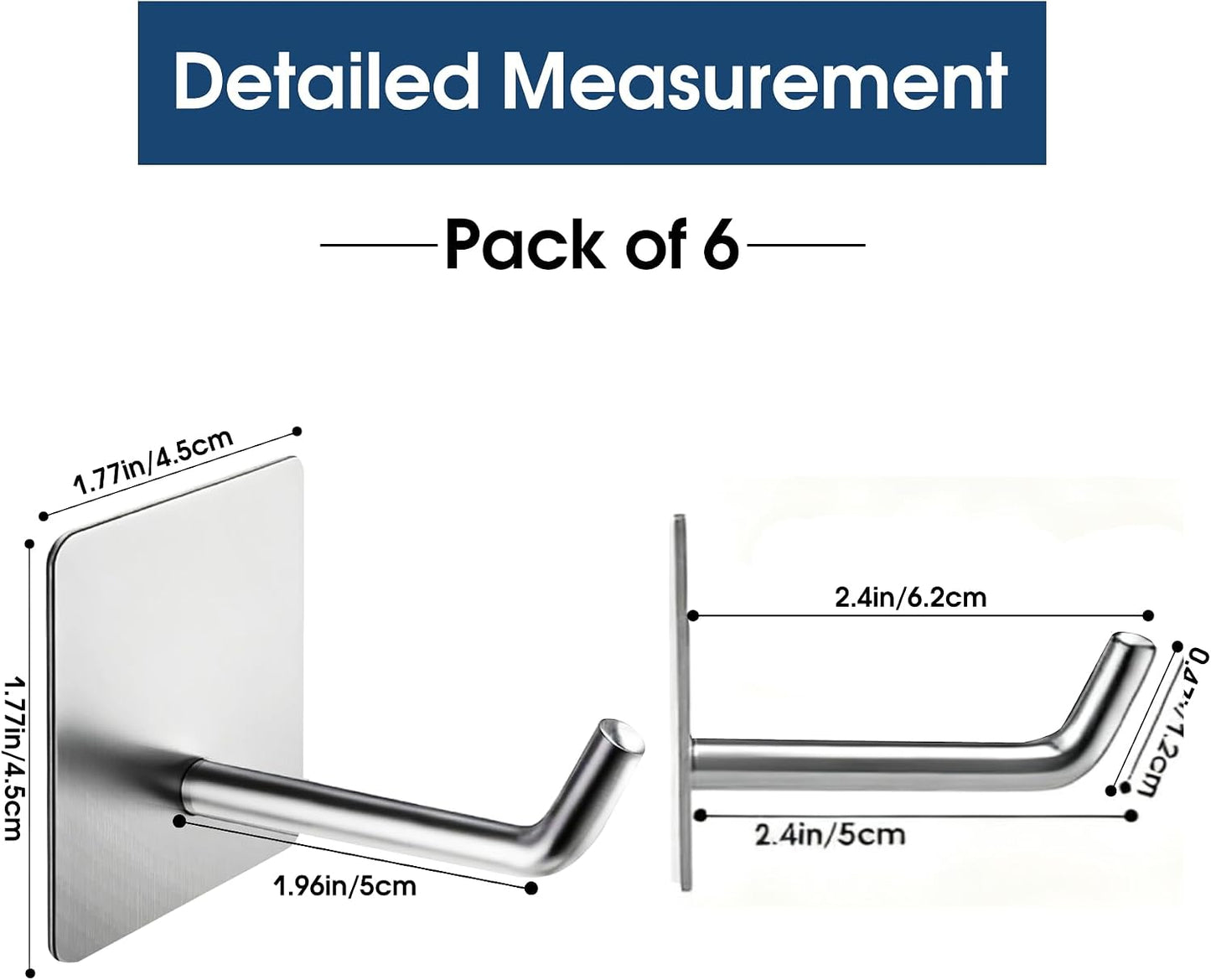 Hawsam 6 Pack Self Adhesive Wall Hooks for Hanging Heavy Duty 44LB(Max) Adhesive Towel Hooks 304 Stainless Steel Sticky Hooks for Robe Coat, Waterproof Shower Hooks for Bathroom Kitchen