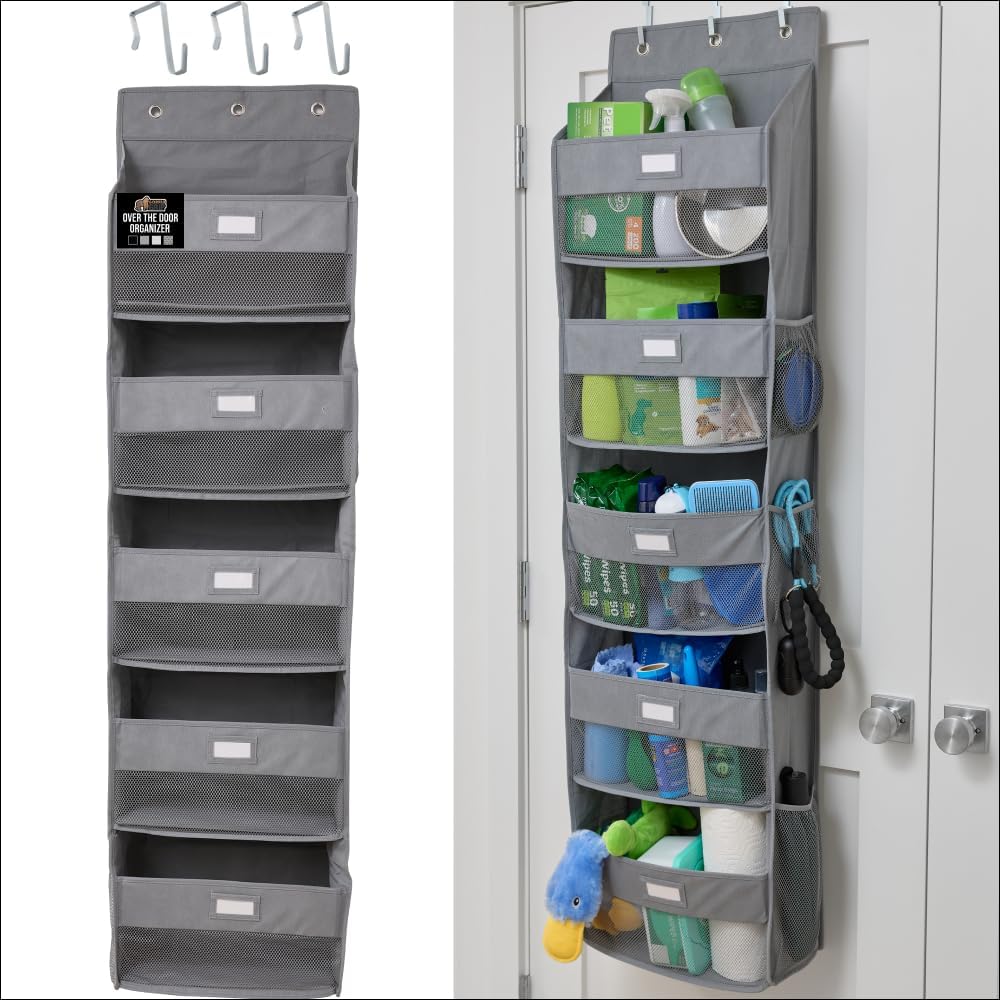 GORILLA GRIP Over the Door Shoe Organizer, 24 Large Breathable Mesh Pockets, Space Saving Hanging Storage Holder, Closet Rack Hanger Holds Up to 40 lbs, Hangs on Closets for Shoes, Accessories, Grey