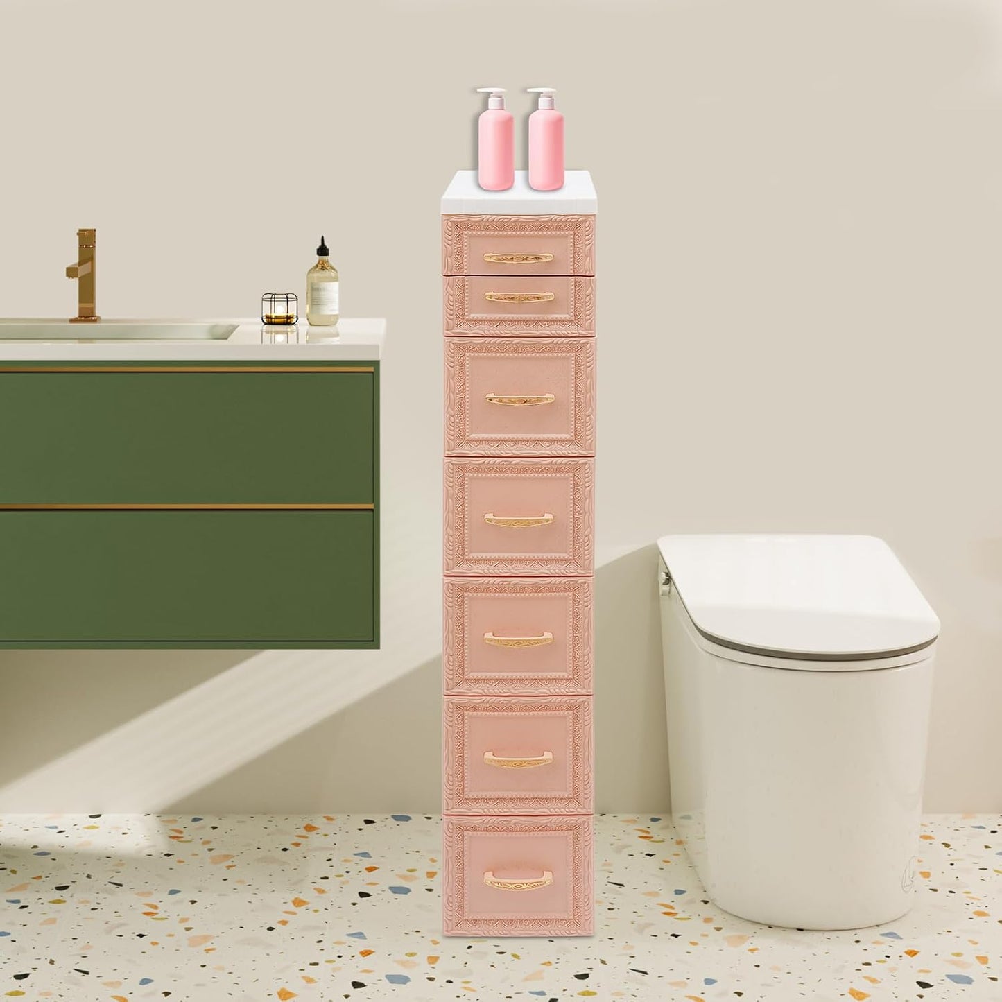 8 Drawers Narrow Storage Cabinet with Wheels,Slim Floor Cabinets,Rolling Organizer Cart for Small Spaces,Pink