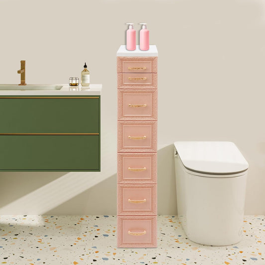 8 Drawers Narrow Storage Cabinet with Wheels,Slim Floor Cabinets,Rolling Organizer Cart for Small Spaces,Pink