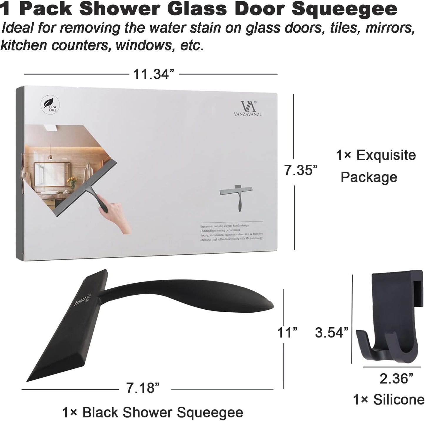 Squeegee for Shower Glass Door, 11-Inch Shower Squeegee for Glass Doors, Bathroom Silicone Squeegees Wiper for Shower with Non-Slip Handle, No-Drilling Silicone Hanging Hook, for Tiles, Mirror(White)