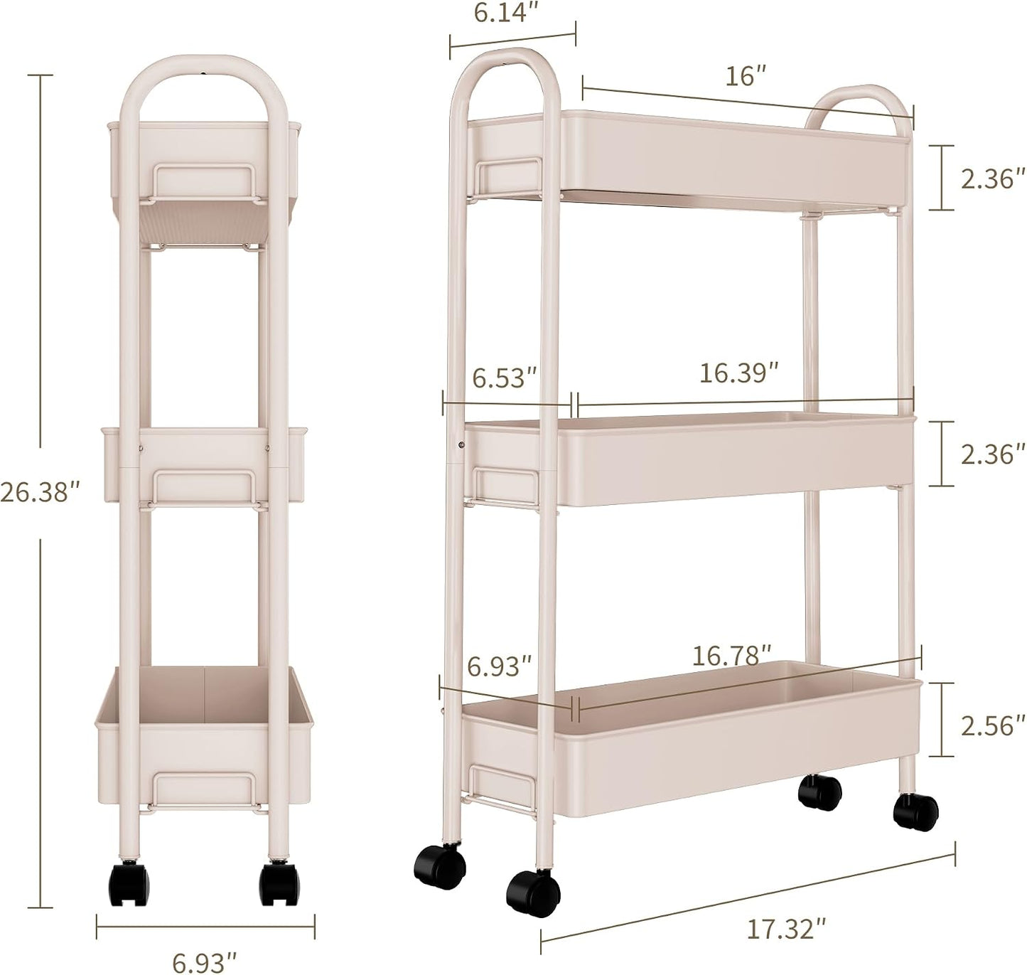 Slim Rolling Cart, Metal Frame Utility Rolling 3-Tier Narrow Storage Cart with Handle Kitchen Storage Organizer, Mobile Shelving Unit for Bathroom Kitchen