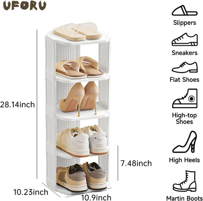 UFORU Small Shoe Rack, 5 Tier Plastic Vertical Shoe Rack for Small and Narrow Spaces, Free Standing Shoe Organizer for Closet, Entryway