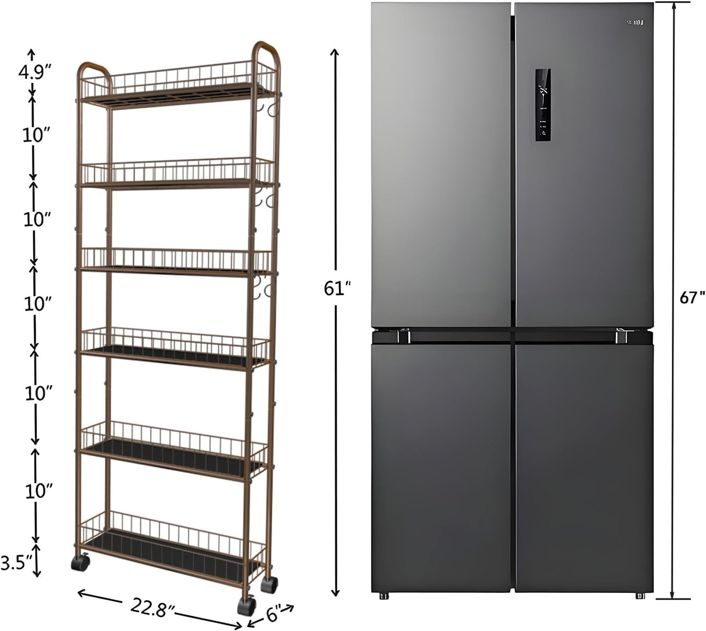 10in 6-Tier Slim Storage Cart with Wheels, Metal 10in Wide Black Narrow Rolling Shelf, Sturdy Slim Storage with Hooks Ideal for Kitchen, Bathroom, and Laundry Room