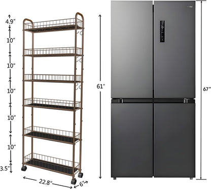 10in 6-Tier Slim Storage Cart with Wheels, Metal 10in Wide Black Narrow Rolling Shelf, Sturdy Slim Storage with Hooks Ideal for Kitchen, Bathroom, and Laundry Room
