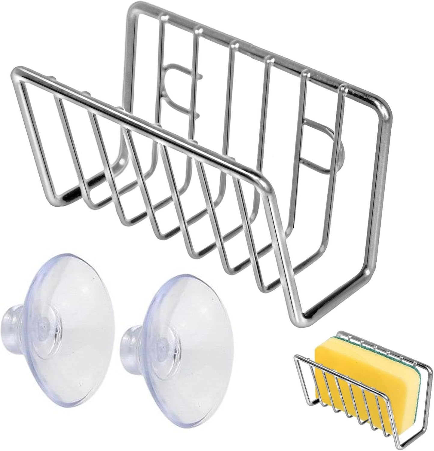 Sponge Rack – Iron and Stainless Steel 11x6x6 Cm | No-Drill Dishcloth Rack | Wall-Mounted Storage Holder for Kitchen Sink Organization to Hold Sponges, Dishcloths, and Cleaning Tools with Durable