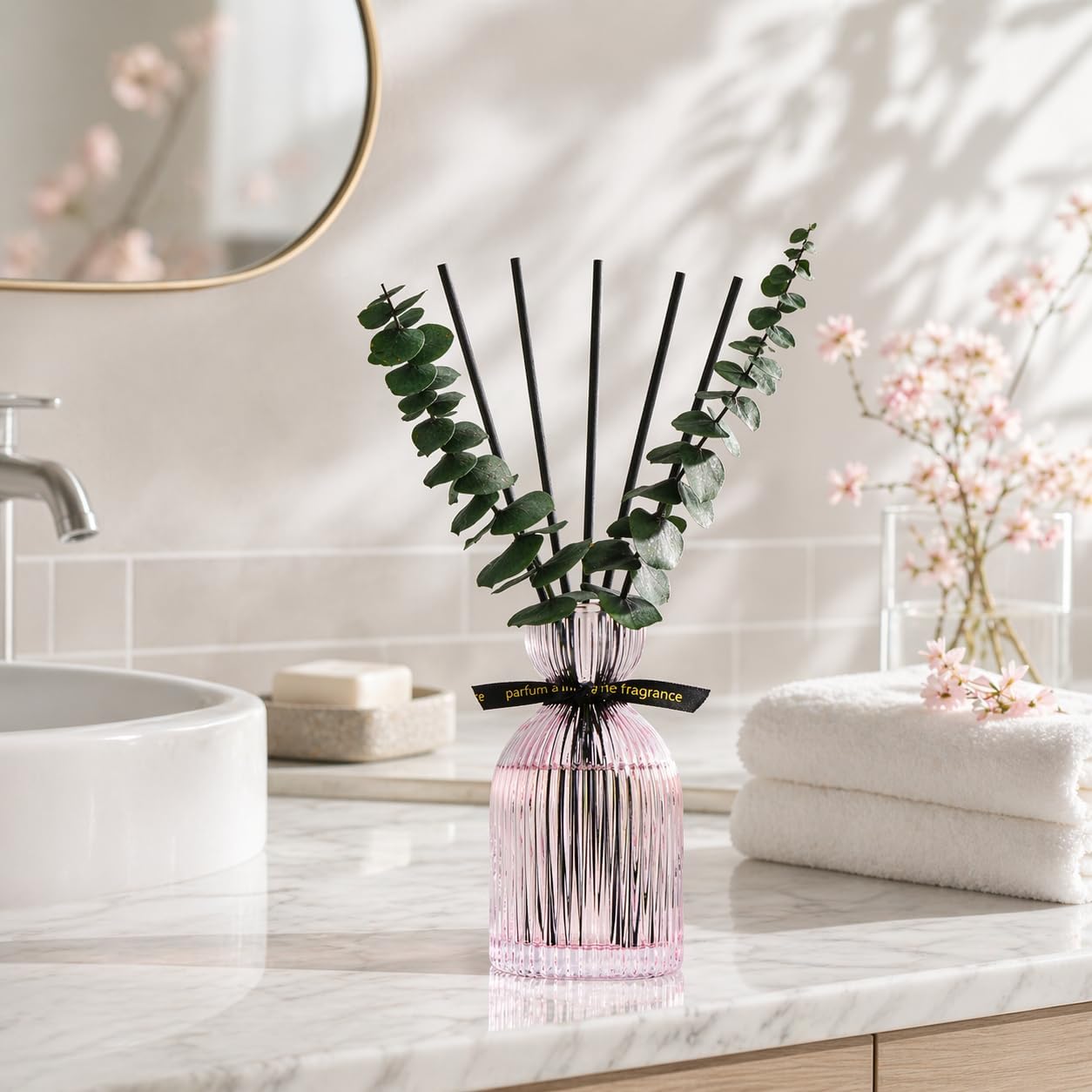 Airkeep Reed Diffuser Set 6.76 oz – Cherry Blossom Home Fragrance with Eucalyptus Sticks – Decorative Glass Bottle for Bathroom, Bedroom & Living Room Décor – Gift Ready
