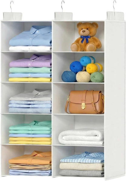 ALLTIDYUP Grey 5-Tier Hanging Closet Storage Organizer - Space-Saving Dual-Row Foldable Shelves with 3 Hooks, Wardrobe Organizer for Dorm, Bedroom, Clothes and Accessories