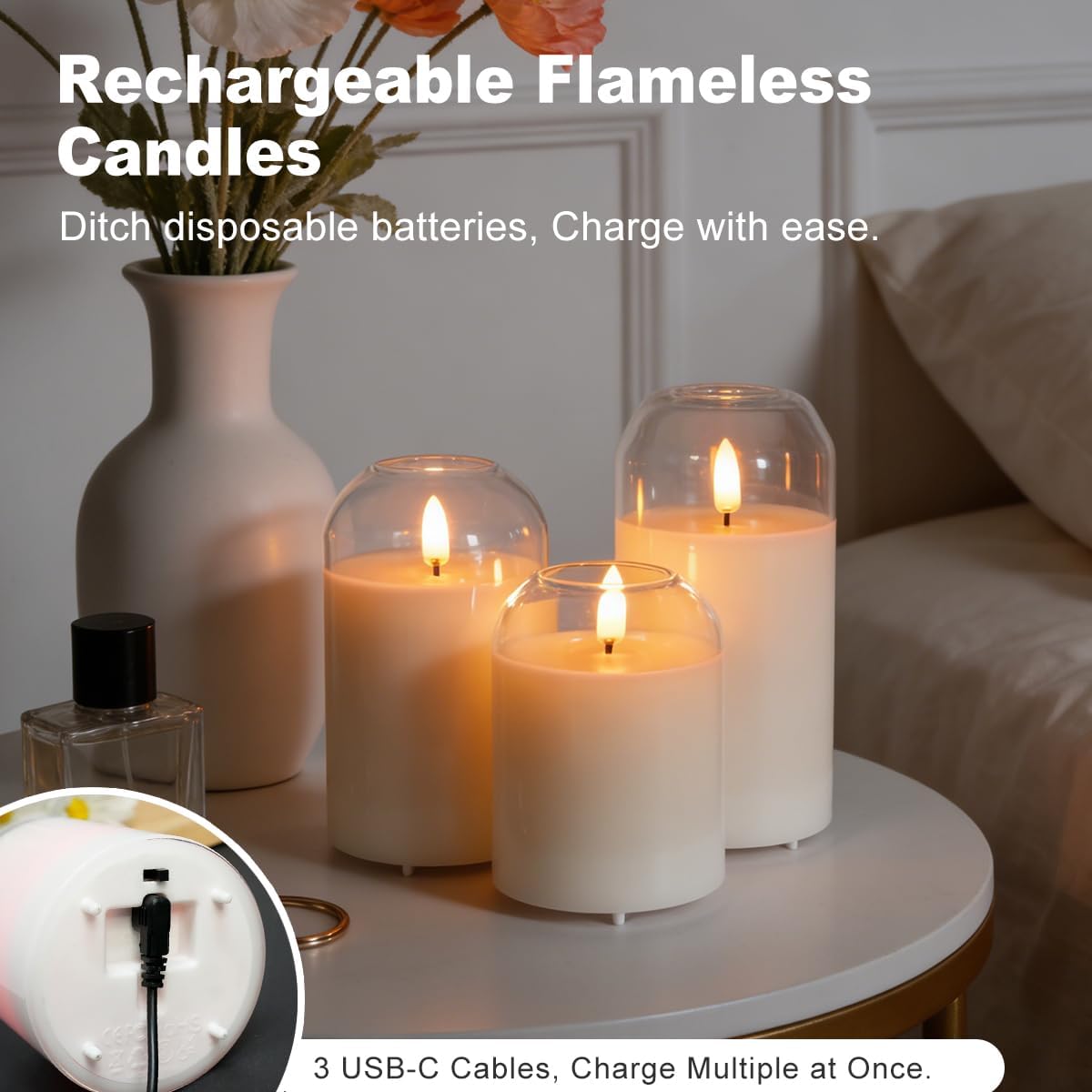 LEDHOLYT Rechargeable Flameless Glass Pillar Candles–Gifts for Women,–Set of 3, Realistic Flickering LED Light,Remote & Timer, Ideal for Living Room, Bedroom & Festival Wedding Home Party Decor