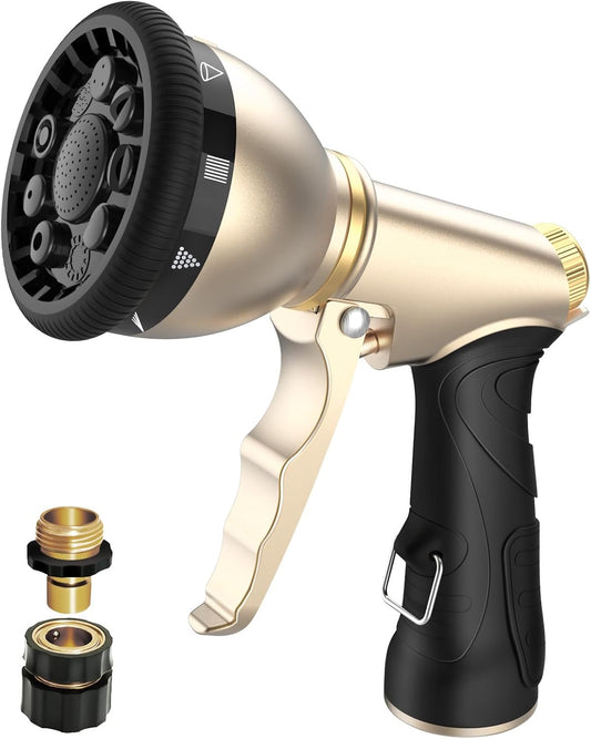 Garden Hose Nozzle, Heavy Duty Metal Spray Nozzle | Upgraded, High Pressure, Adjustable Spray Patterns, For Watering Plants, Car Washing, Pet Showering