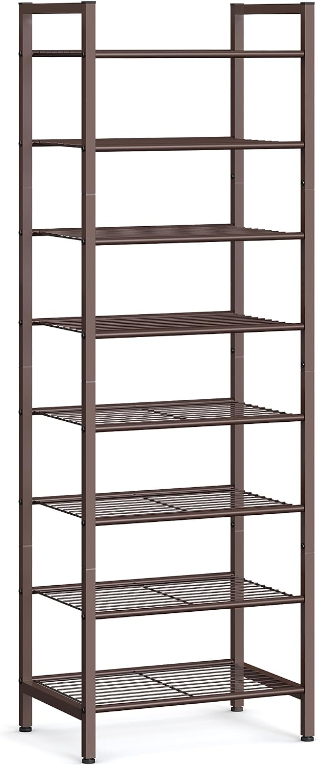 SONGMICS Metal Shoe Rack, Free Standing Shoe Organizer for Entryway Closet Garage Small Spaces, Heavy-Duty Slim Steel Storage Shelf, 8-Tier, Fits 16-24 Pairs, Bronze ULMR028A01
